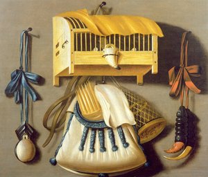 狩猟用具と鳥かごのトロンプ・ルイユ 作： Johannes Leemans